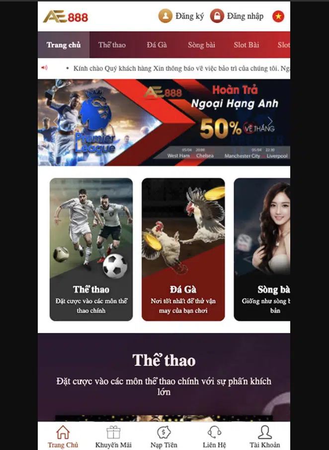 Giao diện App AE888 trên điện thoại