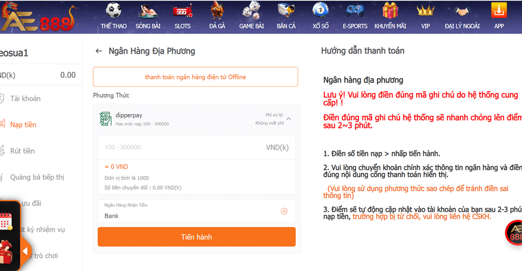 nạp tiền ngân hàng địa phương tại ae888 2024